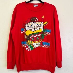 Vintage 80s Tee Dee Christmas Stocking Cat Sweatshirt Made in USA‎ Sz L GVC
